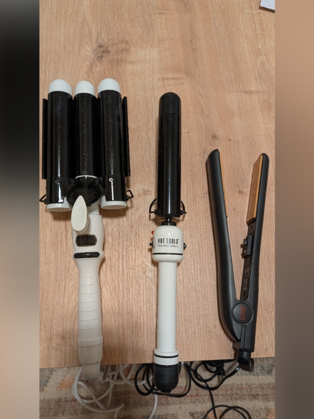 White and Black Hot Tools Styling Set - 3-Barrel Waver, Curling Wand & Flat Iron